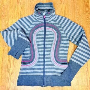 Vintage Lululemon In Stride Jacket High Neck grey Stripe Pink Stitch size 6